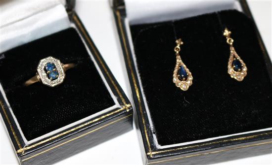 Gold, sapphire & diamond ring with similar drop earrings